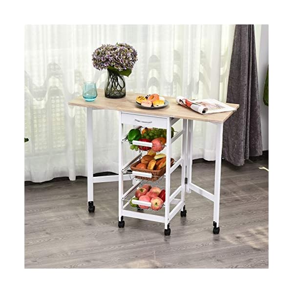 HOMCOM Drop-Leaf Kitchen Cart Trolley w/ 3 Baskets Drawer Surface Top 6 Universal Wheels Rolling Storage Unit Kitchen Home Dining Island White Oak Tone - Image 4