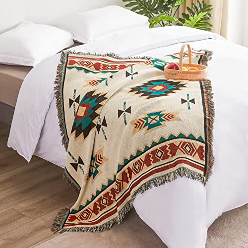 Touchat Native American Blanket Boho Throw Blanket For Sofa And Bed, Mexican Decorative Farmhouse Blanket, Southwest Decor Woven Blanket, Aztec Throw Blankets Bohemian With Tassel(Beige,50×60 Inch) #TOP5