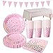 Amycute 42 tlg Sommerparty Party-Set Gold Dots, Papier Teller, Servietten, Pappbecher - Ideal für Cocktail Deko, Geburtstagsfeier und Hochzeit . (Rosa)