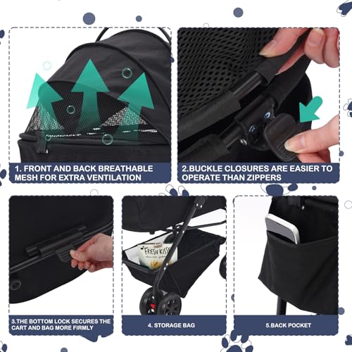Siairo Hundewagen 3 in 1, Haustiere Buggy für mittelgroße Hunde, Faltbarer Hundebuggy bis 20kg, Haustiere Transportbox, Hundewagen mit abnehmbarem Carrier Autositz und Nahrungsmittelfach (schwarz)