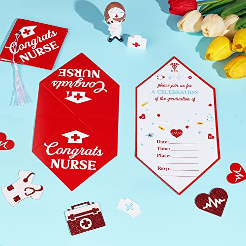 Cheereveal 25PCS Nurse Graduation Party Supplies Invitations, Medical Nursing School Graduation Party Invitations Cards with Envelopes, Cap Shaped Fill-In Nurse Announcement or Invites - Thumbnail 3