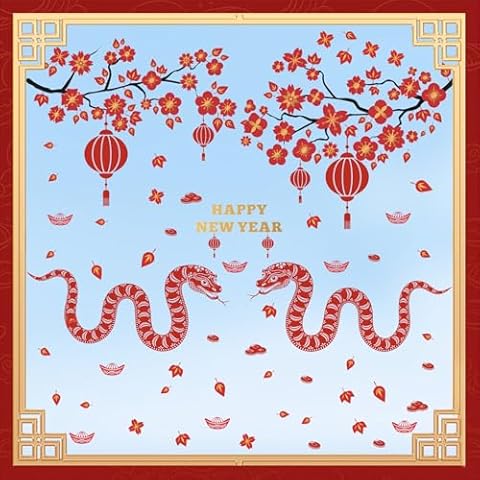 HLNIUC Happy New Year Stickers 24”x31”Lunar Year Removable Wall Decal 2025 Chinese New Year Window PVC Clings Year of The Snake Wall Decor Red Lantern Self Adhesive Room Sticker for Living Room Office Cover