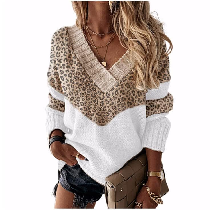 Bengbobar Womens Leopard Print Sweater V Neck Sweaters Knit Long Sleeve Jumper Sweater Color Block Ribbed Pullover for