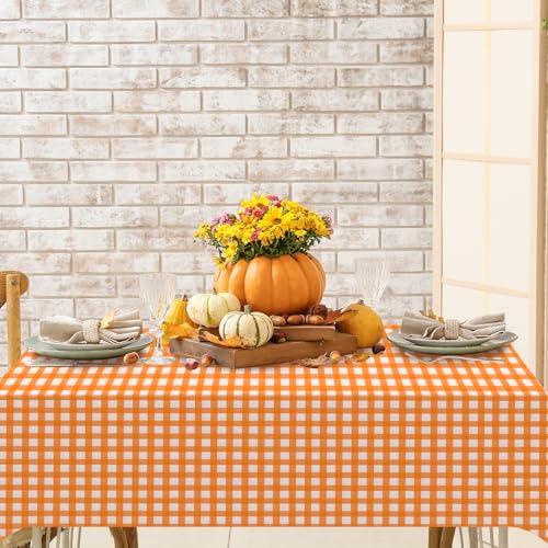 Image of 12 Pack Orange Plastic Checkered Tablecloth, Premium Decorative Disposable Orange Gingham Plaid Table Cloths for Parties, Rectangle Party Table Cover for Fall Thanksgiving Picnic Birthday, 54x108 Inch