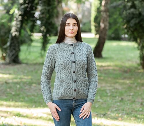 Image of SAOL 100% Merino Wool Ladies Irish Buttons Knit Cardigan Lumber Jacket with Pockets