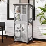 LEMBERI 71" Cat House Outdoor Catio Cat Enclosures on Wheels, Large Outside Patio Wooden Cat Cage Resting Box,Scratching Post, Waterproof Roof (Gray)