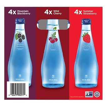 Sparkling Water Variety Pack, Naturally Flavored Sparkling Spring Water Beverage, Mountain Blackberry, Wild Cherry & Summer Strawberry, Non-GMO, Kosher, Gluten Free, 12 Count Glass Bottles, 11 fl oz Each, TOTAL NET WT [132 fl oz , 8.25 lb ]