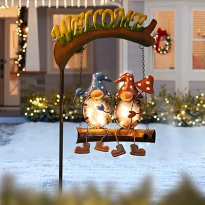 HONGLAND Gnomes Garden Decor Solar Lights Cute Gnome Swing Outdoor Decor, Gnomes Yard Lights Decor Housewarming Gifts for Women Welcome Signs for Lawn Porch Backyard Patio