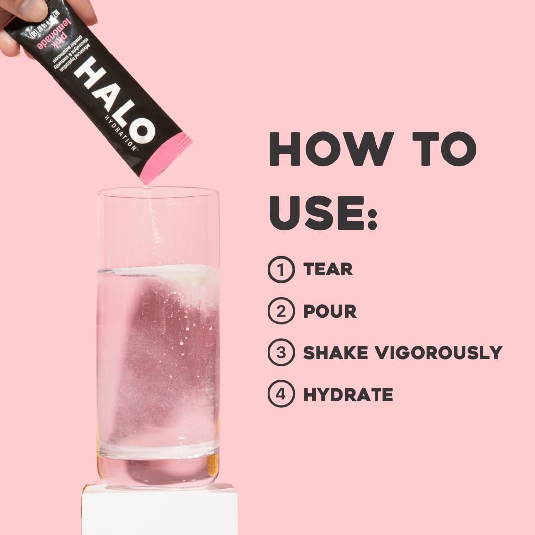 Halo Hydration - Electrolyte Drink Mix | Hydration Powder Packets | Pink Lemonade Flavor – for Sports and Cycling | Easy Open Single Serving Stick | 6 Sticks