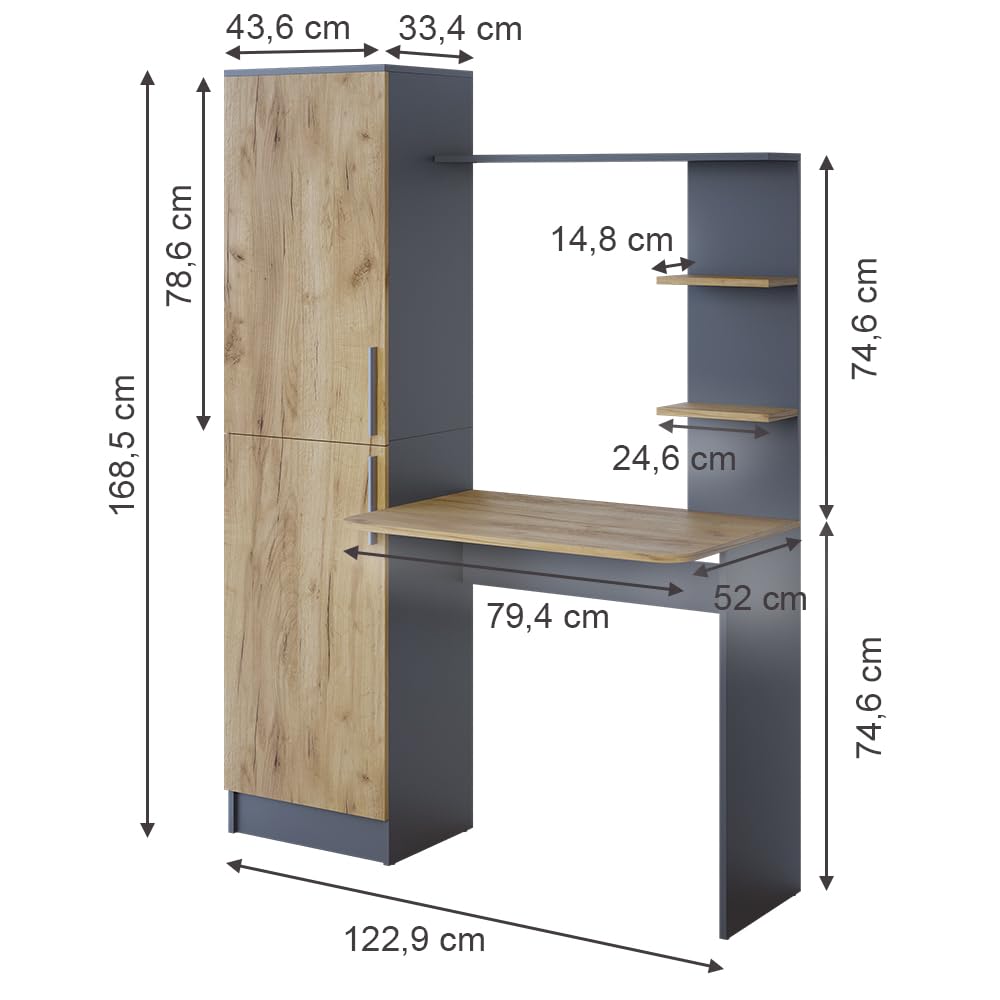 Vicco Bureau Tessa, Anthracite/chêne doré, 122.9x52cm, avec étagère pour Espace de Rangement supplémentaire