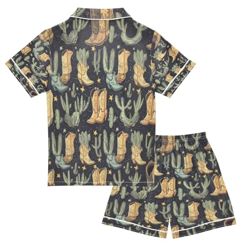 Satin Pajama Sets Short Sleeve Cowboy Boots and Cactus Pattern Button Down Silky Nightwear 2 Piece PJS 5-14Y2