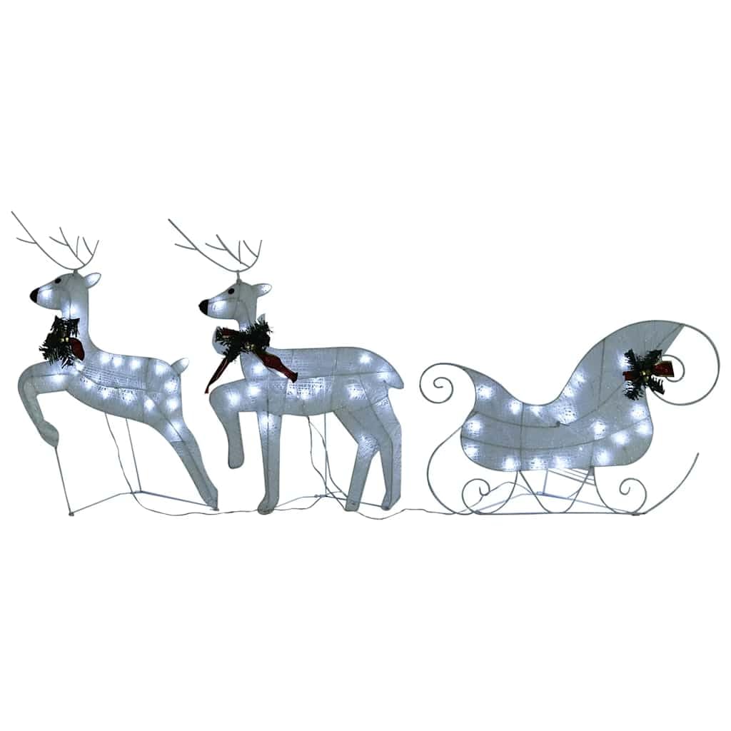Weihnachtsdekoration Rentier mit Schlitten, 60 LED Lichterkette für Außen, Kaltweiß, 8 Leuchtmodi, USB-betrieben, Metallgestell Weihnachtsfigur für Garten und Terrasse