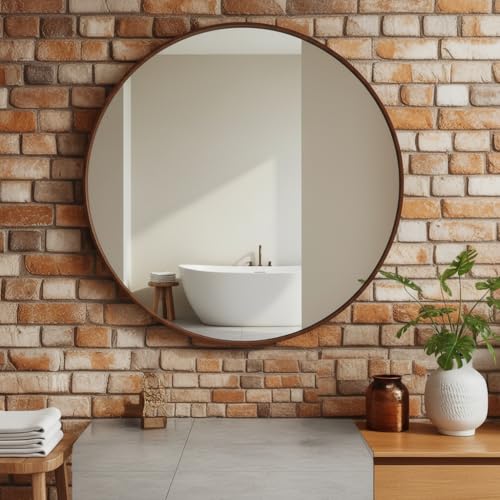 Image of Round Wall Mirror with Durable Wooden Frame - 24 inch (Brown) | Modern Decorative Wall Hanging Mirror for Bathroom, Bedroom, Basin, Dressing Table, Entryway & Home Interior Decor