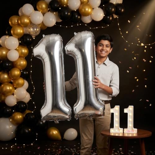 Image of Balloonistics Silver 40-Inch Foil Number 11 Balloon with Matching LED Marquee Light - Combo Set for 11th Birthday, Anniversary, Party Decoration, Photo Booth Backdrop, Cake Table Decor
