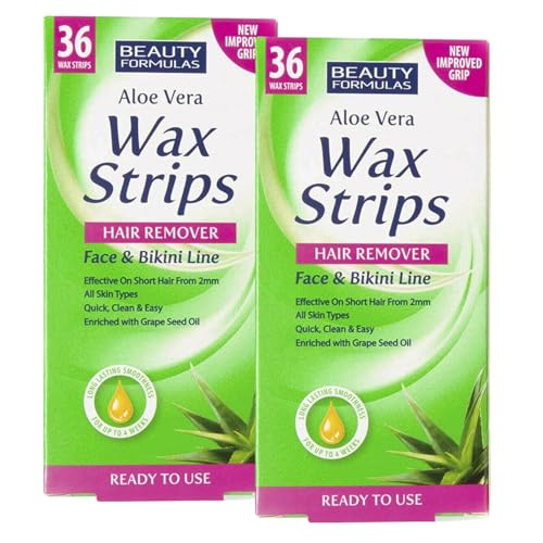 Beauty Formulas Face Wax Strips (2-Pack) – Facial Hair Removal & Bikini Wax | Ready-to-Use Face & Bikini Hair Removal | Cold Wax with Aloe Vera & Grape Seed Oil | 72 Strips for Smooth Skin
