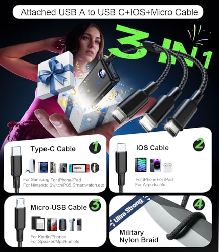 Portable Charger Power Bank - 60,000mAh Battery Pack, 22.5W Fast Charging Phone Charger with USB-C/iOS/Micro-USB Cable, Powerbank for iPhone 17 16 15 14 13 Samsung Google,for Travel Camping2