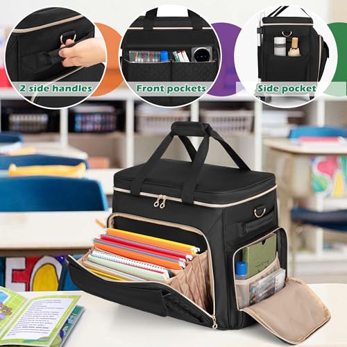 Image of LUXJA Rolling Teacher Bag with Wheels and 15.6 inch Laptop Compartment, Black | Rolling Briefcase for Women with Accordion File Area, Teacher Tote Bag for Work with Detachable Dolly and Shoulder Strap