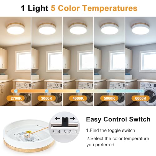 Image of Dimmable LED Wood White Round Flush Mount Ceiling Light 11.81 Inch