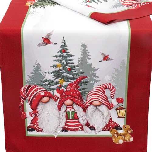 Tischläufer Weihnachten Tischwäsche Wichtel Rot Weiß Tischdecke...