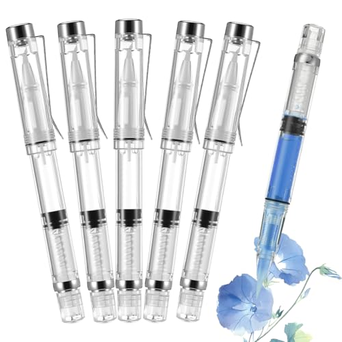 Veemoon Refillable Fountain Brush Pen Set, Piston Fountain Brush Pen Leak-Proof Water Writing Tool Ink Calligraphy Calligraphy Water Paintbrush for Write Drawing Crapbooking Sketching Art, 5Pcs
