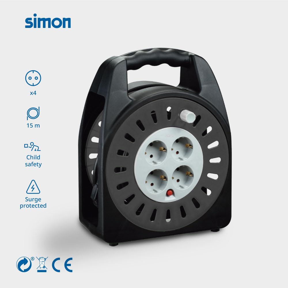SIMON - Enrollacables Doméstico, Alargador Enchufe 15 M, 4 Tomas con Asa Transporte, Protección Sobretensiones, Apto Interiores (IP20), Enchufe Extensible, Color Negro y Gris