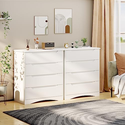 Bealife Kommode Weiß, Schlafzimmer Kommode mit 4 Geräumige Schubladen, Schrank mit Schubladen mit Ausgeschnittenen Griffen und Kippsicherung, Schubladenschrank Ideal für Wohnzimmer, Büro