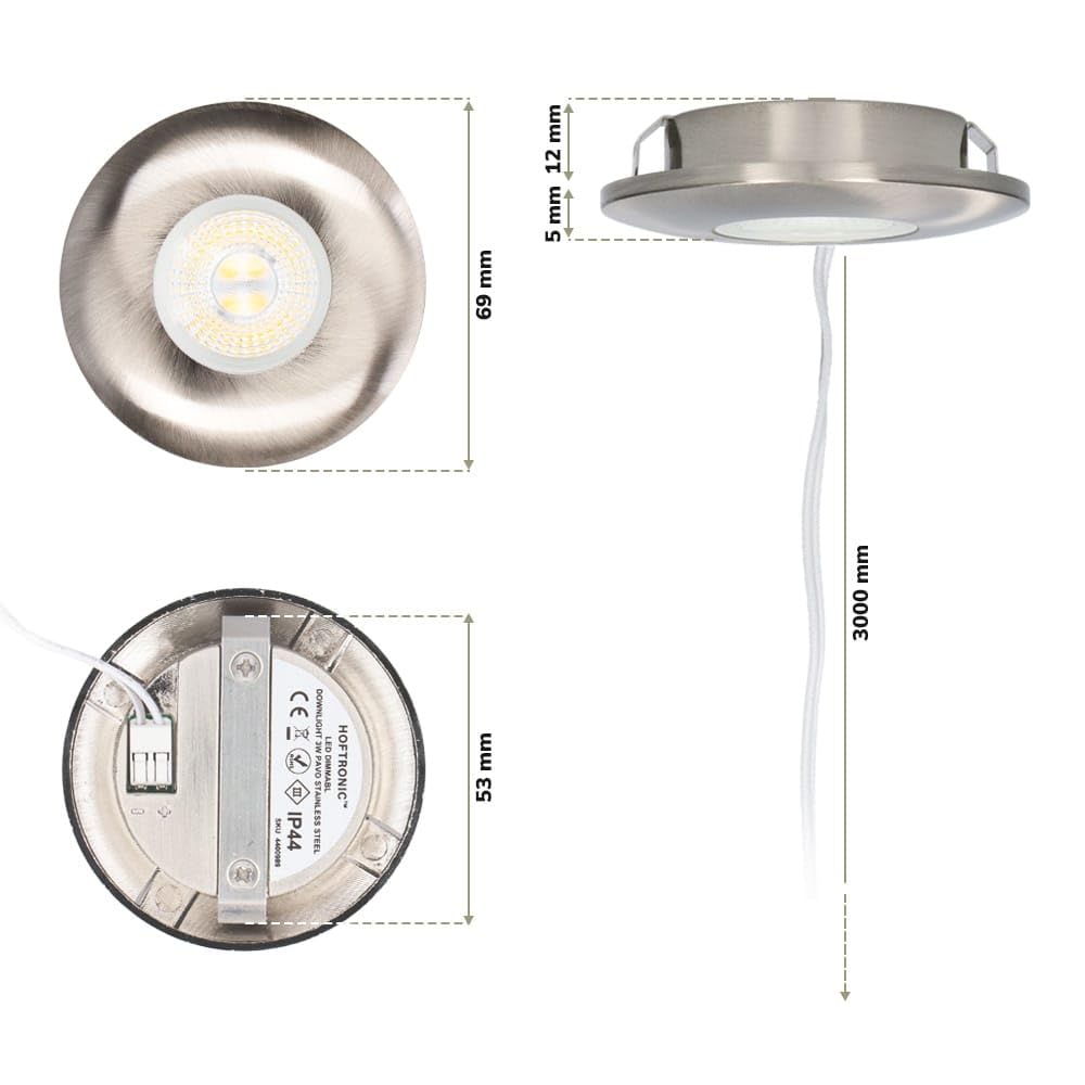 HOFTRONIC - 2er LED Einbaustrahler 230V Pavo Dimmbar Edelstahl 2700K Warmweiß Einbaustrahler Flach (Einbautiefe 12mm) LED Deckenleuchte IP44 für Badezimmer, Küche - Mini Möbeleinbauleuchten