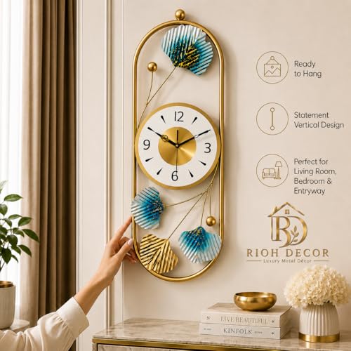 Image of Gold Metal Wall Clock for Living Room Stylish Decor | Designer Ginkgo Leaf Wall Art | Silent Non-Ticking Premium Analog Clock for Home & Bedroom
