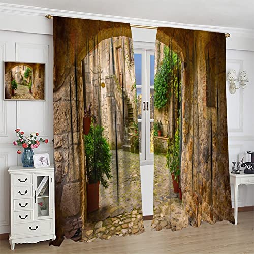 Scenery Kitchen Italian Curtains, Landscape From Door Antique Style Stone Village Tuscany Italian Valley, Blackout Rod Pocket Window Drapes 2 Panel Set For Kitchen Cafe Decor 42X63In #TOP3
