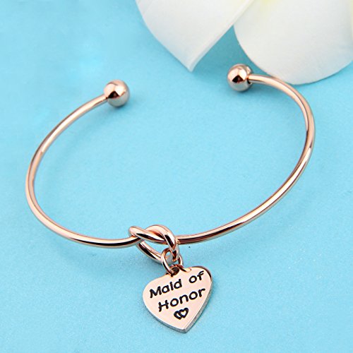 Feelmem Bridesmaid Jewelry Bridesmaid Gifts- Simple Love Knot With Heart-Shaped Engraved Message Charm Bangle Bracelet- Personalized Wedding Wishes Gift For Women Girl(Maid Knot-Rg) #TOP3