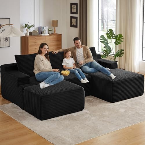 Image of 96 inch U-Shape Cloud Couch, Modern Modular Sectional L-Shape Sofa with Ottoman, Corduroy Upholstered Couches Deep Seat Sleeper Chaise Longue for Living Room, No Assembly Required(Black, Right Facing)