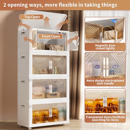 Storage Bins with Lid 120QT, Stackable Storage Containers with Wheels and Magnetic Doors, Plastic Clothes Closet Organizers and Storage Box for Pantry, Home and Office (4 Pack)