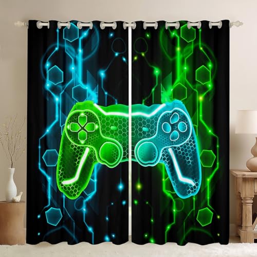 Homemissing Kids Gamer Curtains for Bedroom Game Controller Darkening Drapes W46*L72 Boys Gaming Gifts 30%-50% Blackout Curtains Gamepad Pattern Green Teal Blue Window Treatments