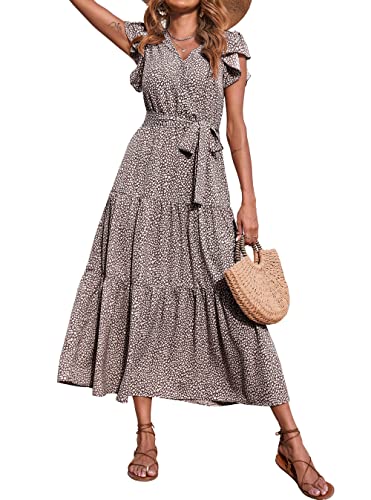 Prettygarden Women's Short Sleeve V Neck Leopard Print Ruffle Tiered Maxi Dress Tie Waist Boho Chiffon Flowy Long Dress (Small, Coffee) #TOP1