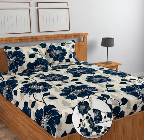 Image of 265 TC Cotton Feel All Around 7D Elastic Fitted Bedsheet, Elastic Fitted Bedsheet King Size Bedsheet for Double Bed with 2 Pillow Covers, Size - 72 x 78 x 8 Inch Color White 7D