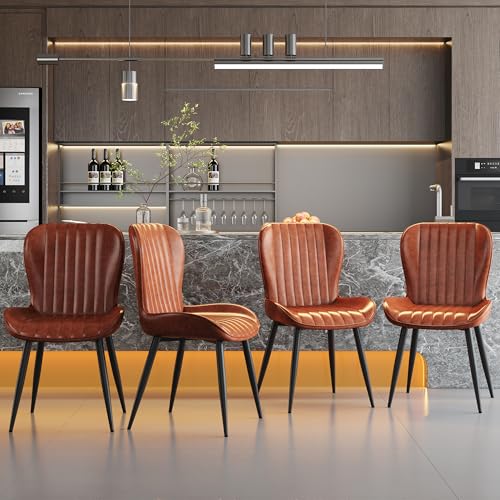 YUN.DREAM Dining Chairs Set of 4,Brown Leather Dining Chair Upholstered,Kitchen