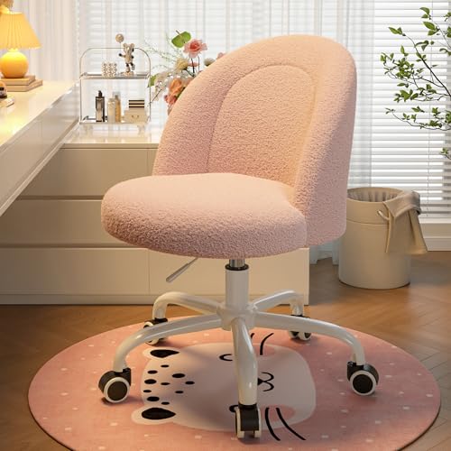 Image of DurayLoly Vanity Chair with Wheels, Cute Desk Chair with Back, Armless Chair with Height Adjustable & 360 Swivel, Soft Lumbar Support for Small Space, Bedroom, Gentle Pink