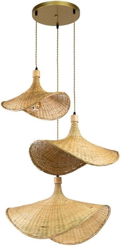 rattan pendant lighting modern farmhouse natural traditional rattan drum three lights unique rattan long cord boho design natural basket woven hanging lamp bedroom kitchen island Wicker Bamboo