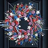 vivimemo 22-inch July 4th Patriotic Wreath Independence Day Front Door Wreath Handcrafted red White Blue Star Candy Spiral Decoration Memorial Day Indoor Outdoor Decoration