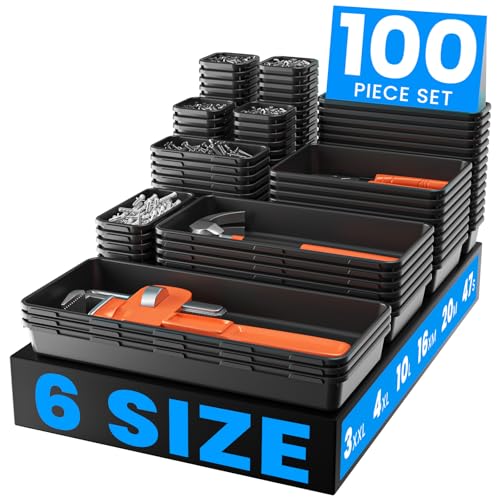 【Fits 100+ Tools】A-LUGEI【100-Piece 6-Size】Tool Organizer Tray Set - Black Plastic Drawer Dividers for Garage Cabinets, Rolling Tool Chests, Workbenches & Office Storage.