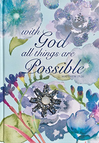 Pooch & Sweetheart Blue Floral Glitter Brooch Embellished Scripture Hardcover Journal, with God All Things are Possible, Matthew 19:26 (74341)