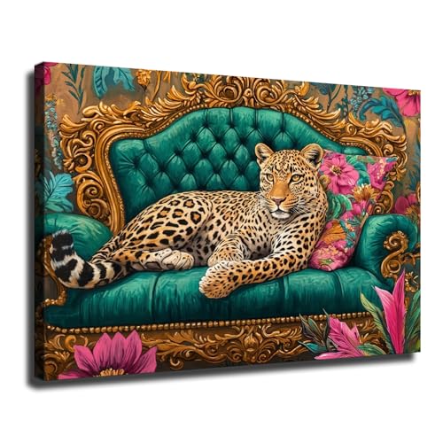 Cheetah Lying on Vintage Sofa Wall Art, Leopard Print Pictures