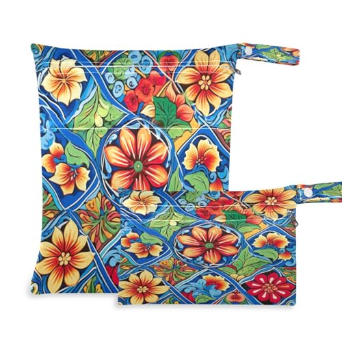 ATTX Mexican Ceramic Tile Wet Dry Bags 2-Pack - Reusable Cloth Diaper Storage for Travel, Beach & Gym | Multi-Use Waterproof Bags for Swimsuits, Baby Clothes, Sports Gear#308