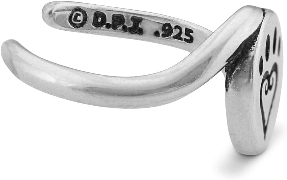 Dazzling Paws Sterling Silver Paw Print Toe Ring, Etched In My Heart, Adjustable Size 4.5