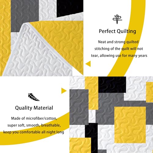 Image of Tyrot 3 Piece Yellow Grey Quilt King Size Black White Gray Bedding Set | Lightweight Bedspread, Geometric Coverlet with 2 Sham, Modern Abstract Soft Microfiber, Bed Cover for All Season, 106''x96''