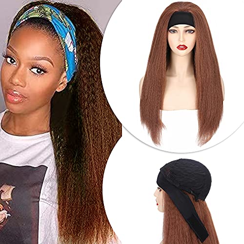 Hairro Headband Synthetic Hair Wigs Kinky Straight Non Lace Front Wig for Women 24 Inch Long Italian Yaki Heat Resistant Fiber Glueless Machine Made Wigs 30 Auburn