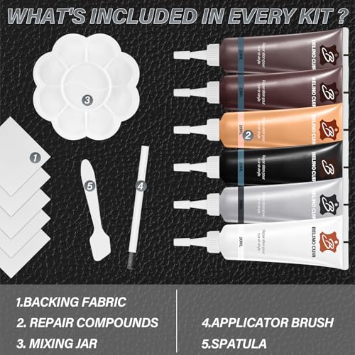 Kit Riparazione Pelle, 6 Colori Crema di Riparazione,Balsamo Riparazione Pelle, Gel Riparatore per Liquida,per Divano, Giacca Seggiolino Auto, Cappotti Crack, Buchi, Usura - 2