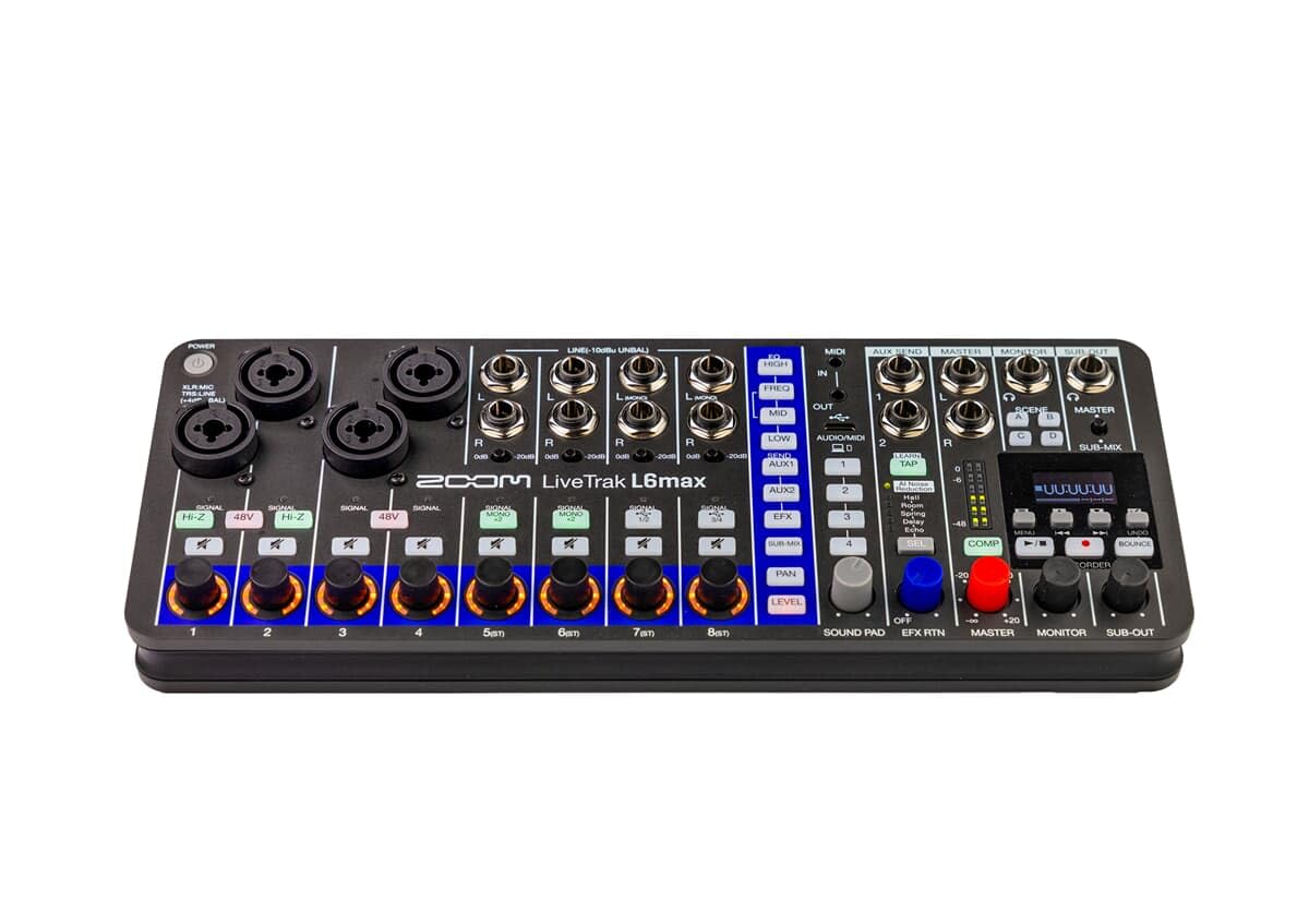 Zoom - L6max LIVETRACK, mixer a 12 canali, 4 ingressi microfonici 32 bit, registrazione su scheda SD, modalità Bounce, schermo OLED, MIDI, riduzione del rumore AI per musica, streaming, podcasting