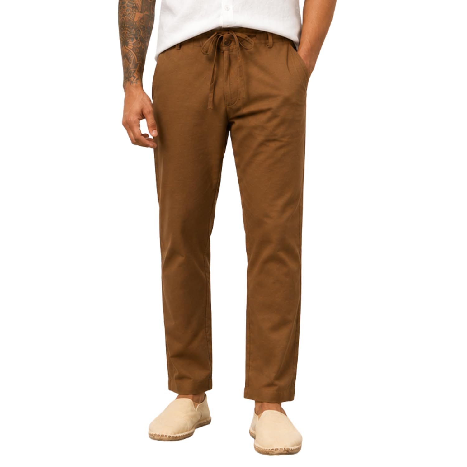 Men's Linen Blend Straight Fit Pants | Breathable Casual Trousers with Drawstring Waist & Side Pockets | Lightweight Summer Trousers for Casual | Travel (in, Numeric, 30, Regular, Brown)-image-25