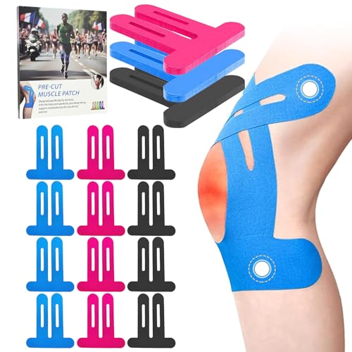 NEUJUS Knie Tape Vorgeschnitten 12 Stück Kinesiologie Tapes Knie Stark Haftender Muskelpatch Knieschoner Atmungsaktiv & Elastisch Physio Tape für Sport & Reha (Schwarz+Rosa+Blau 12 Stück)